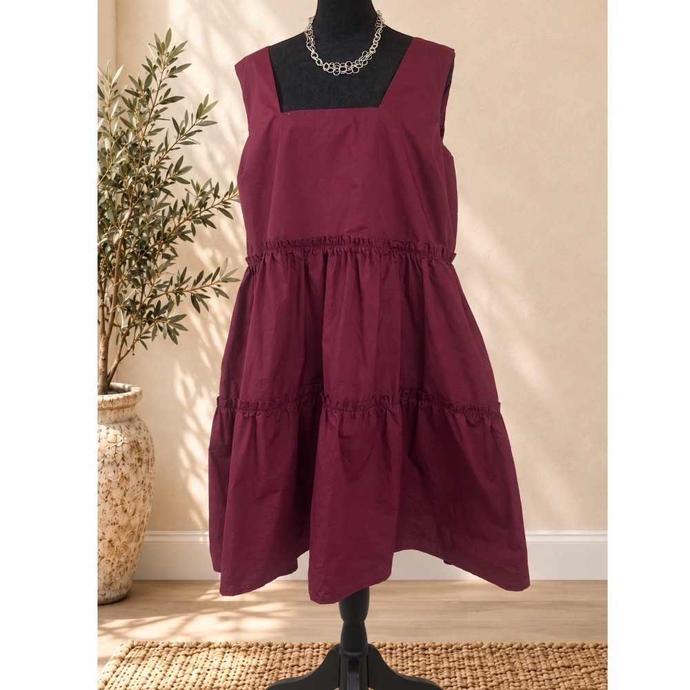 Arula Burgundy Cotton Tiered Babydoll Mini Dress Square Neck Wine Red Size X